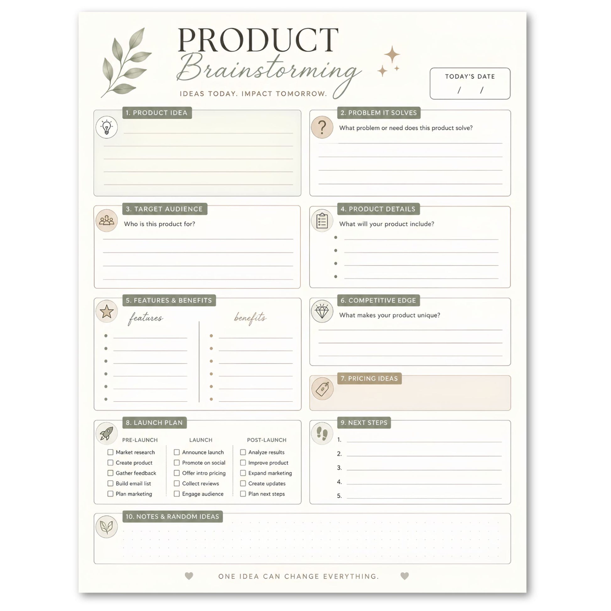 Product brainstorming worksheet with various sections for product ideation on a white background.
