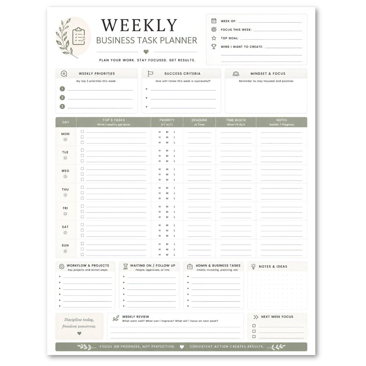 Weekly business task planner with a white background