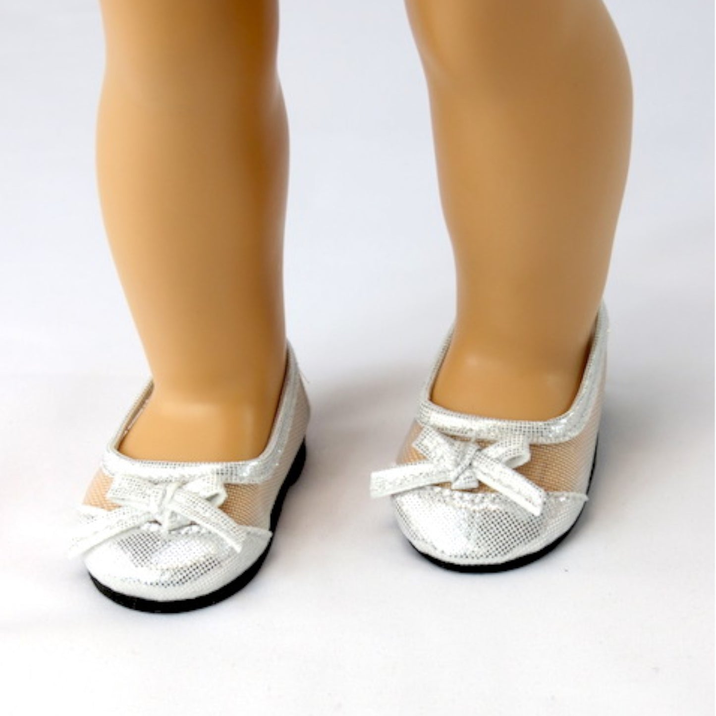 Silver Mesh Flats with Bow for 18-inch dolls with doll