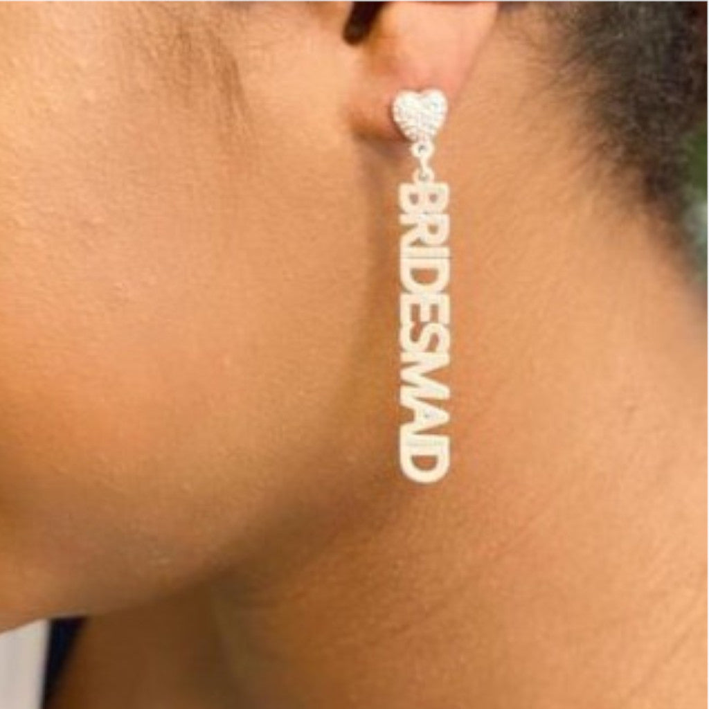 Silver Be My Bridesmaid Earrings on Woman's Ear
