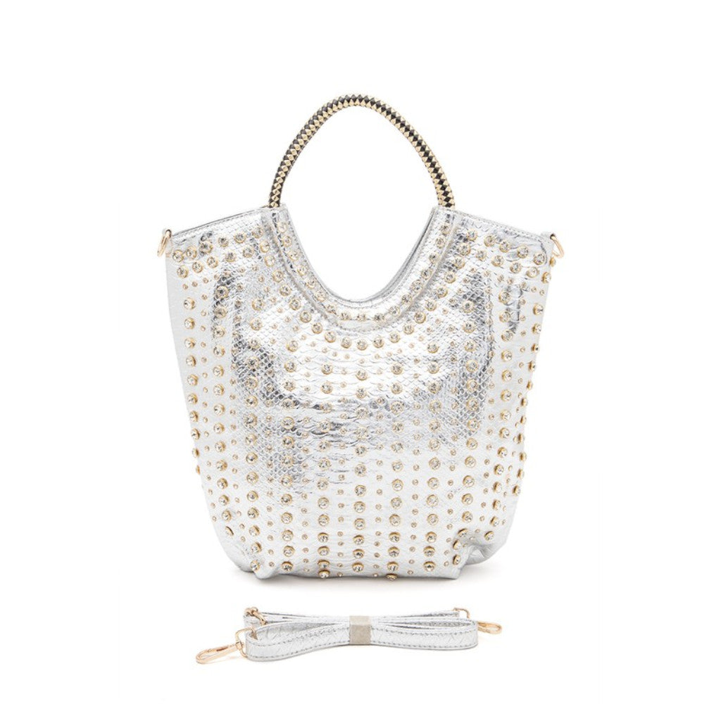 Silver Crystal Studs Embellished Top Handle Tote Bag Front view