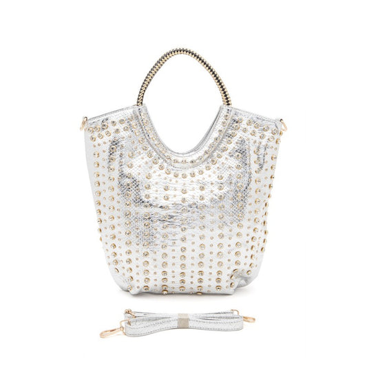Silver Crystal Studs Embellished Top Handle Tote Bag Front view