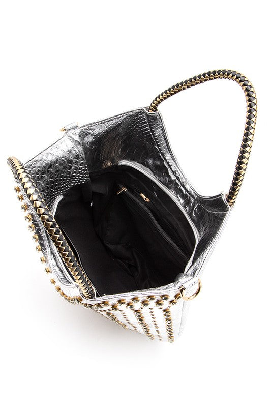 Silver Crystal Studs Embellished Top Handle Tote Bag Inside view