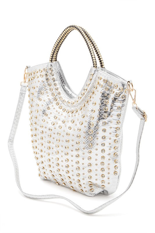 Silver Crystal Studs Embellished Top Handle Tote Bag Side view