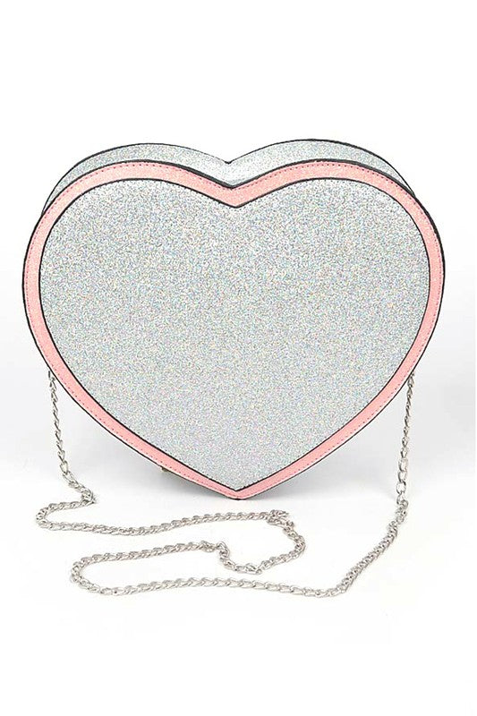 Silver Glitter Heart Shape Novelty Crossbody Bag Front view