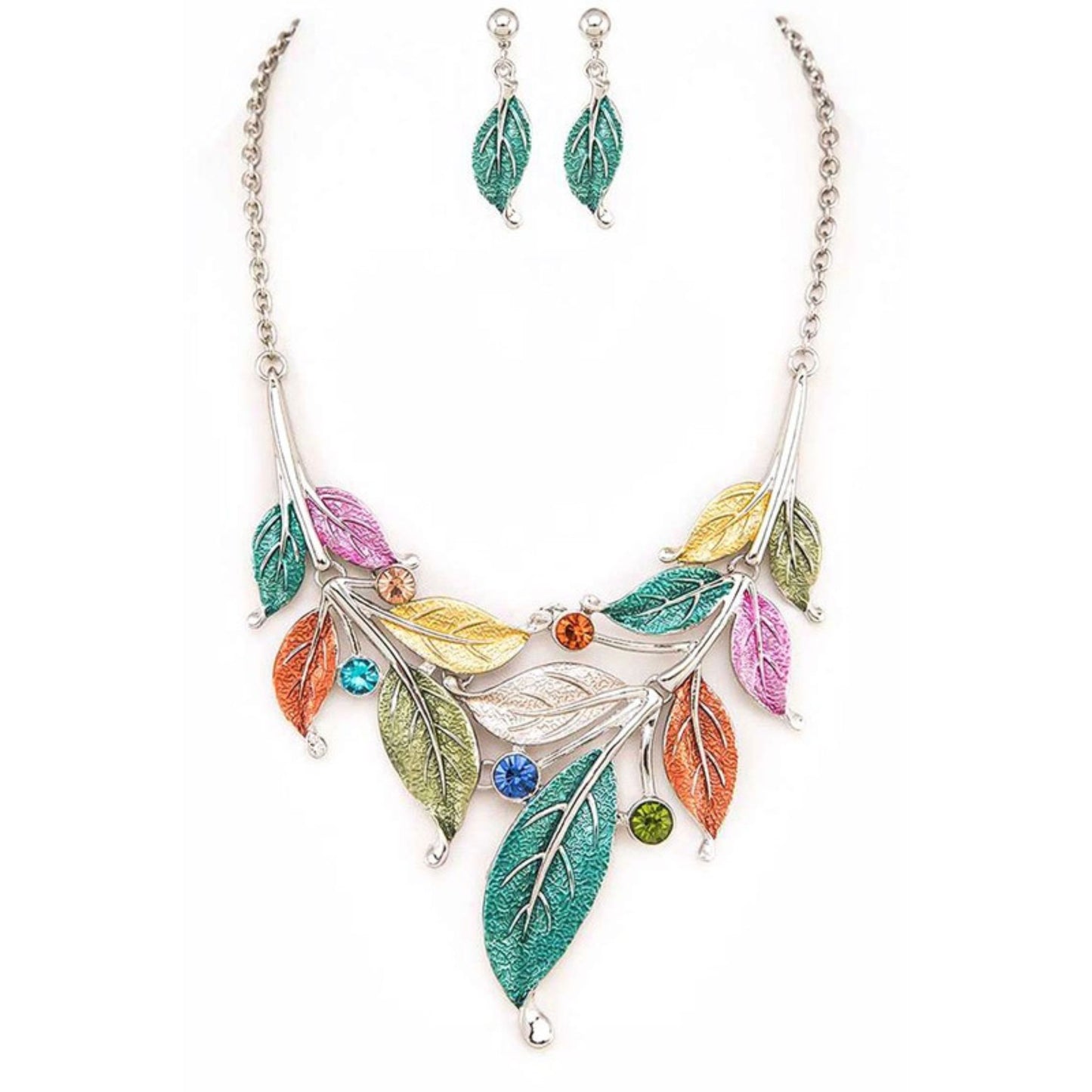 Silver Multicolr Metal Leaf Statement Necklace Set