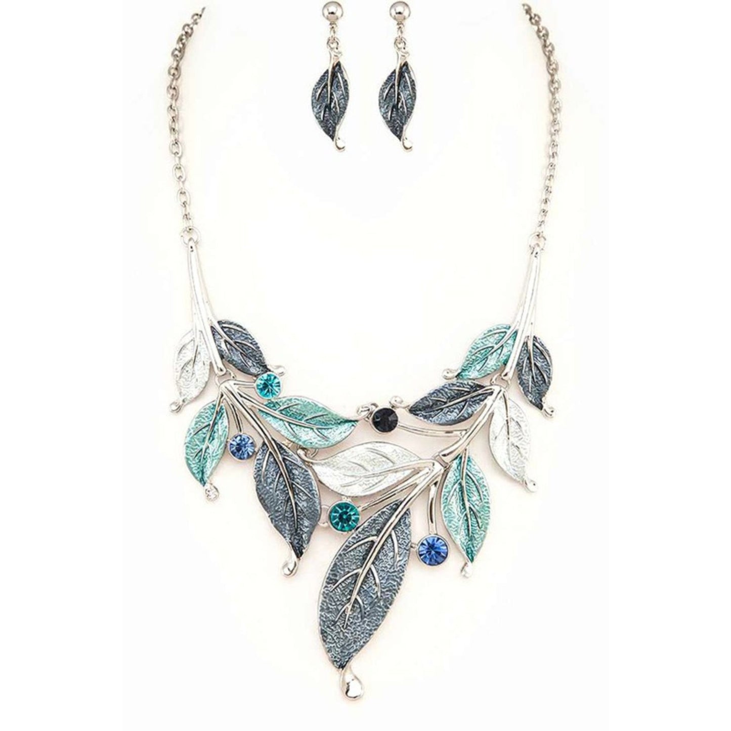 Silver and Blue Metal Leaf Statement Necklace Set