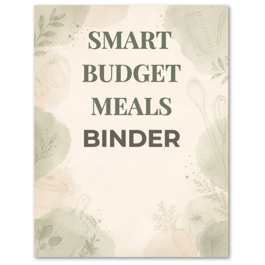 Smart Budget Meals Binder with floral design on a beige background