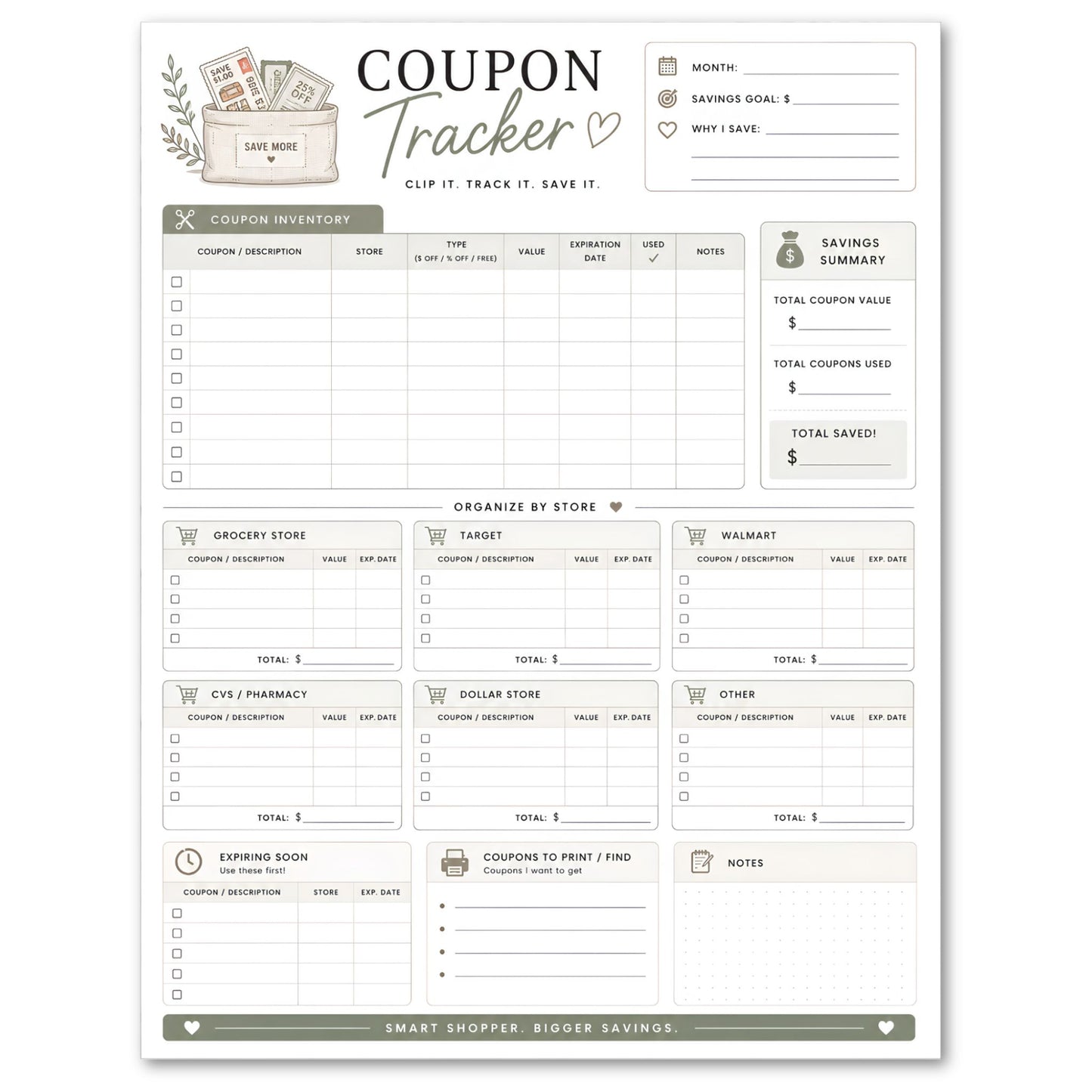 Coupon tracker sheet with various sections for coupon management on a white background