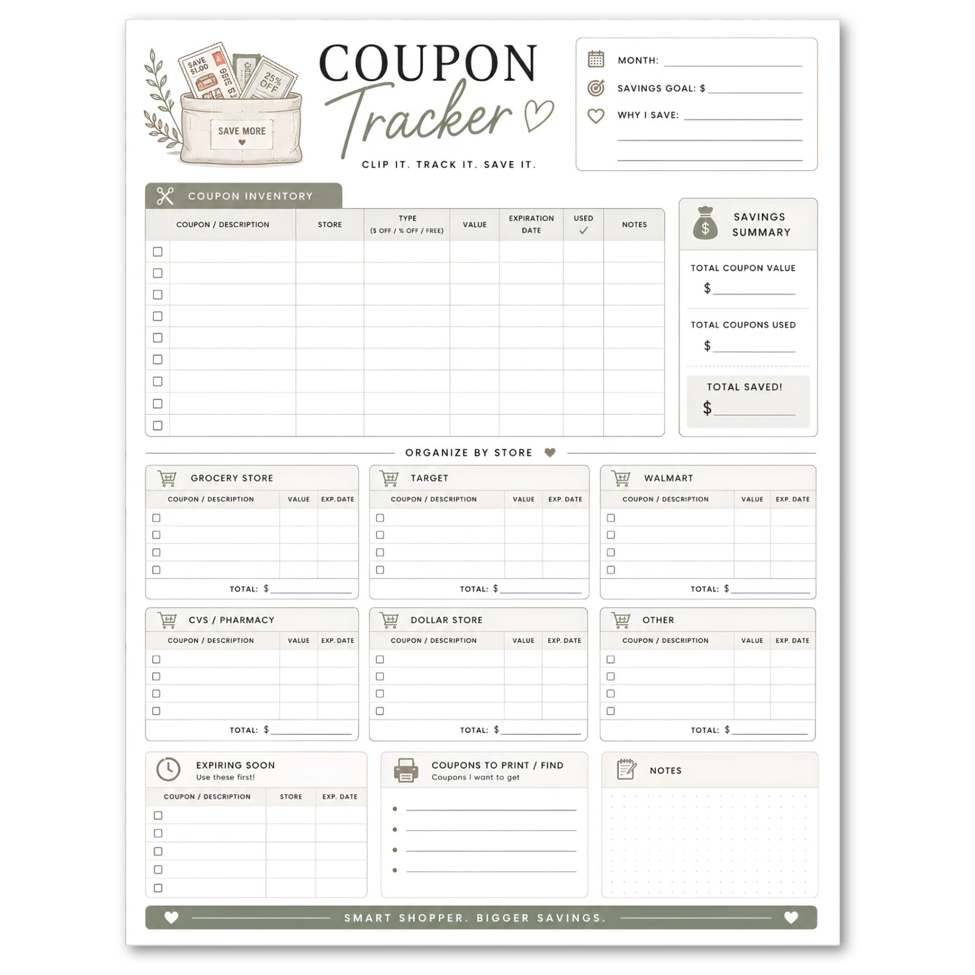 Coupon tracker sheet with various sections for coupon management on a white background
