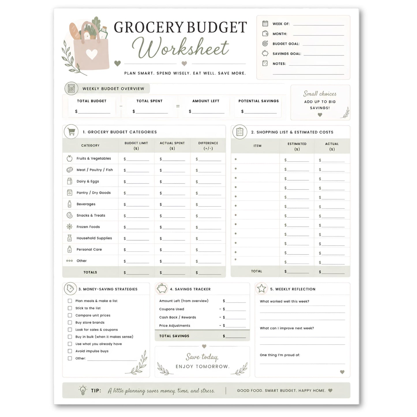 Grocery Budget Worksheet on white background.