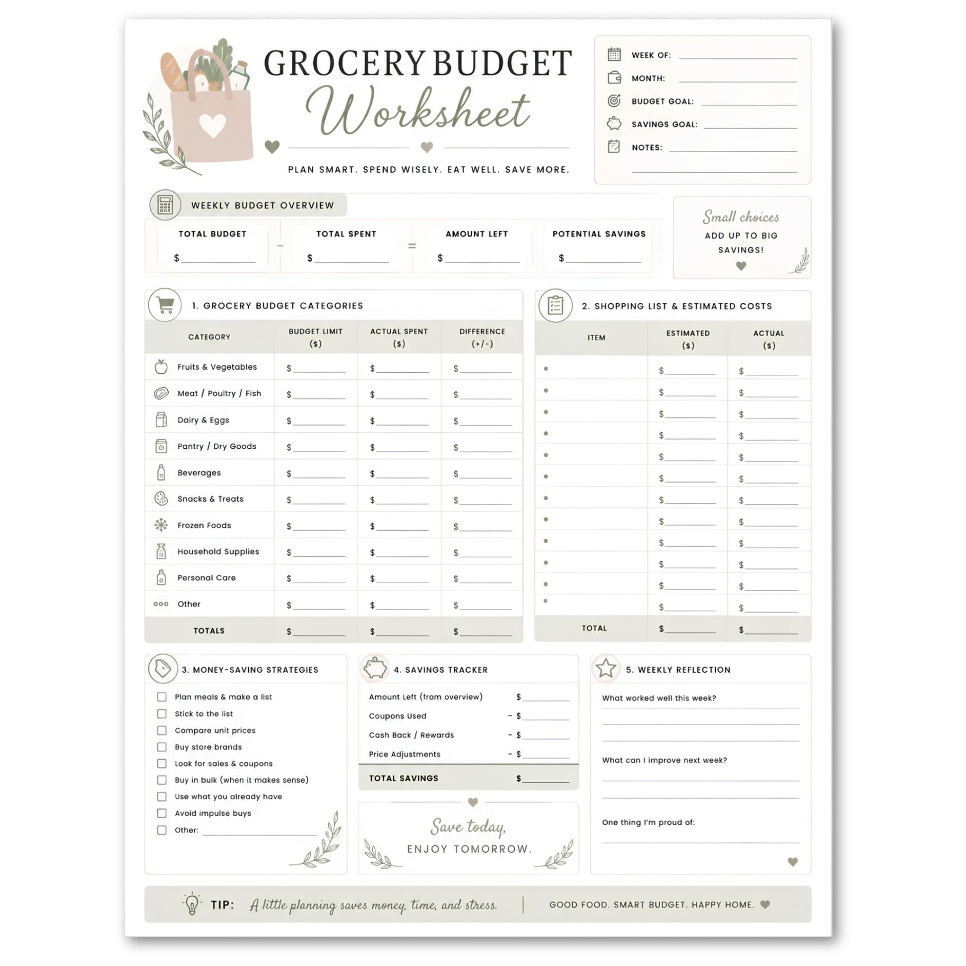 Grocery Budget Worksheet on white background.