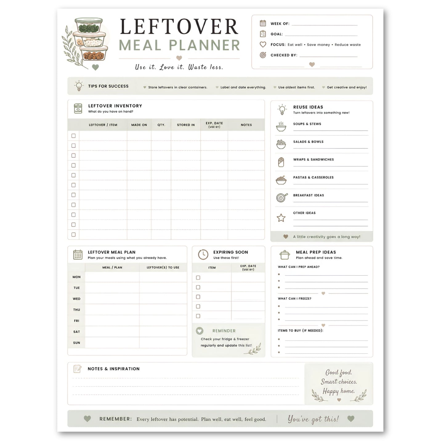 Leftover Meal Planner with various sections for inventory, ideas, and meal planning.