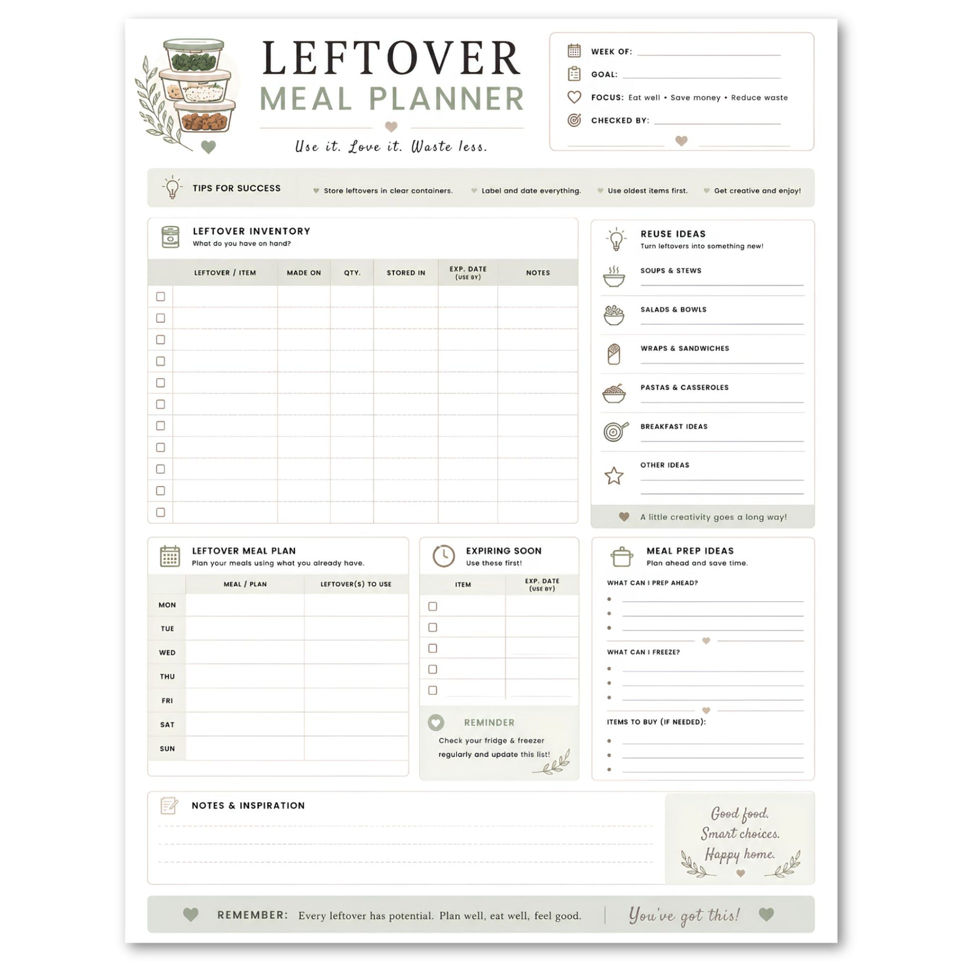 Leftover Meal Planner with various sections for inventory, ideas, and meal planning.