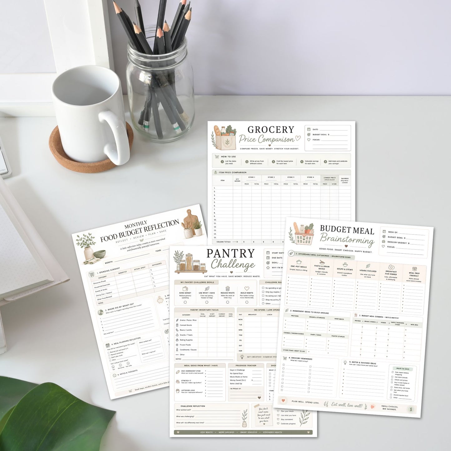 Set of budget and pantry challenge sheets on a desk with a mug and pencils.