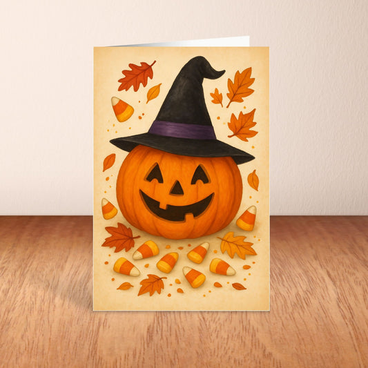 Blank Inside 5.5 x 8.5 Halloween Card – Smiling Jack-O’-Lantern with Witch Hat & Candy Corn - Digital Download