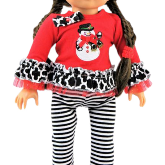 Snowman Outfit with striped leggings for 18 inch dolls with doll Up Close