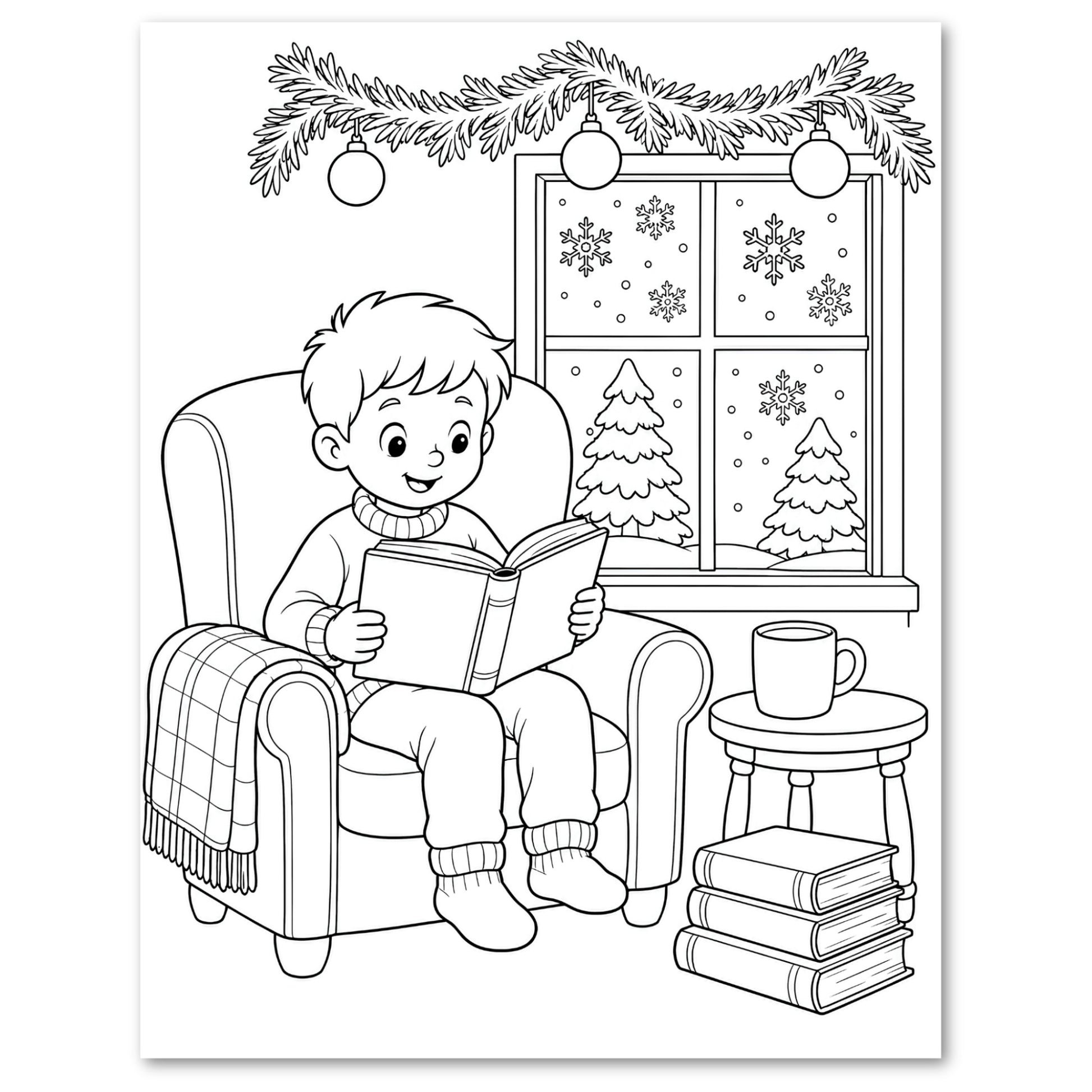 Black and white line art illustration of a boy sitting in a cozy armchair and reading a book, with a window showing snowflakes and Christmas trees, a mug on a side table, and a plaid throw blanket.