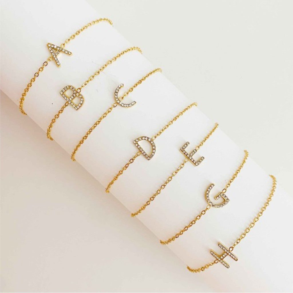 Sparkle Initial Bracelets with white background
