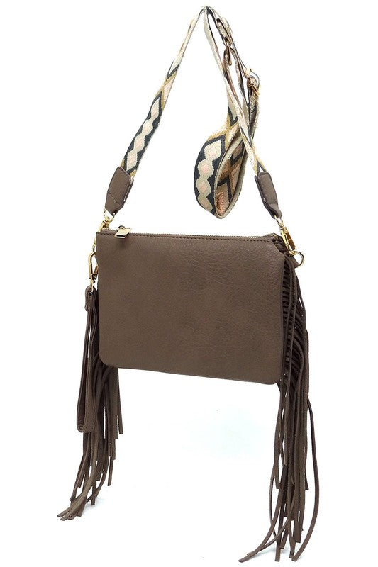 Stone Aztec Guitar Strap Fringe Clutch Crossbody Bag Hanging