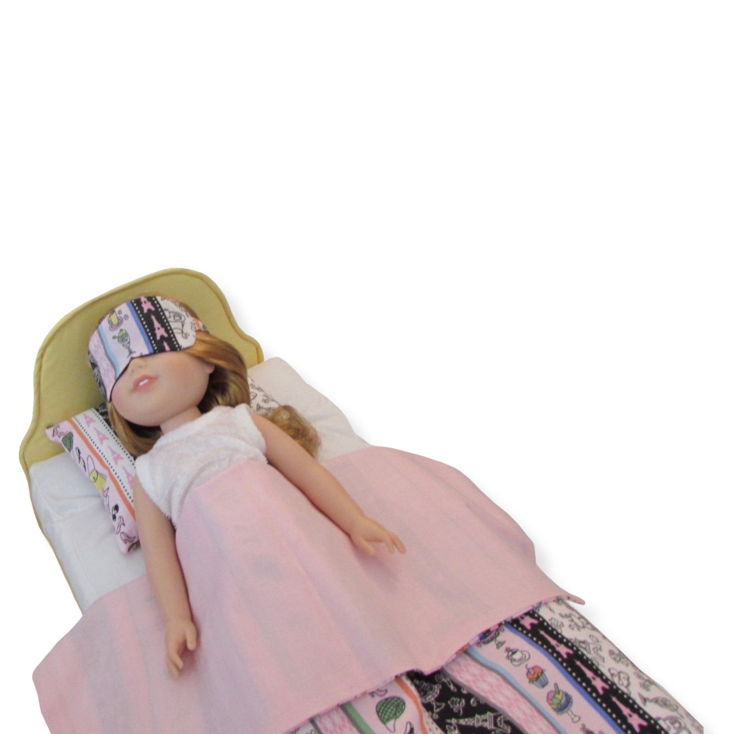Striped Paris Print Doll Sleep Mask, doll, doll pajamas, and doll bed for 14 1/2-inch dolls