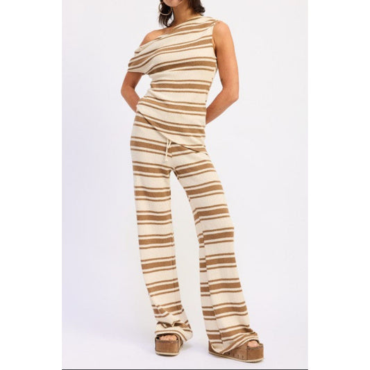 Striped Wide Leg Pants with Waist Tie