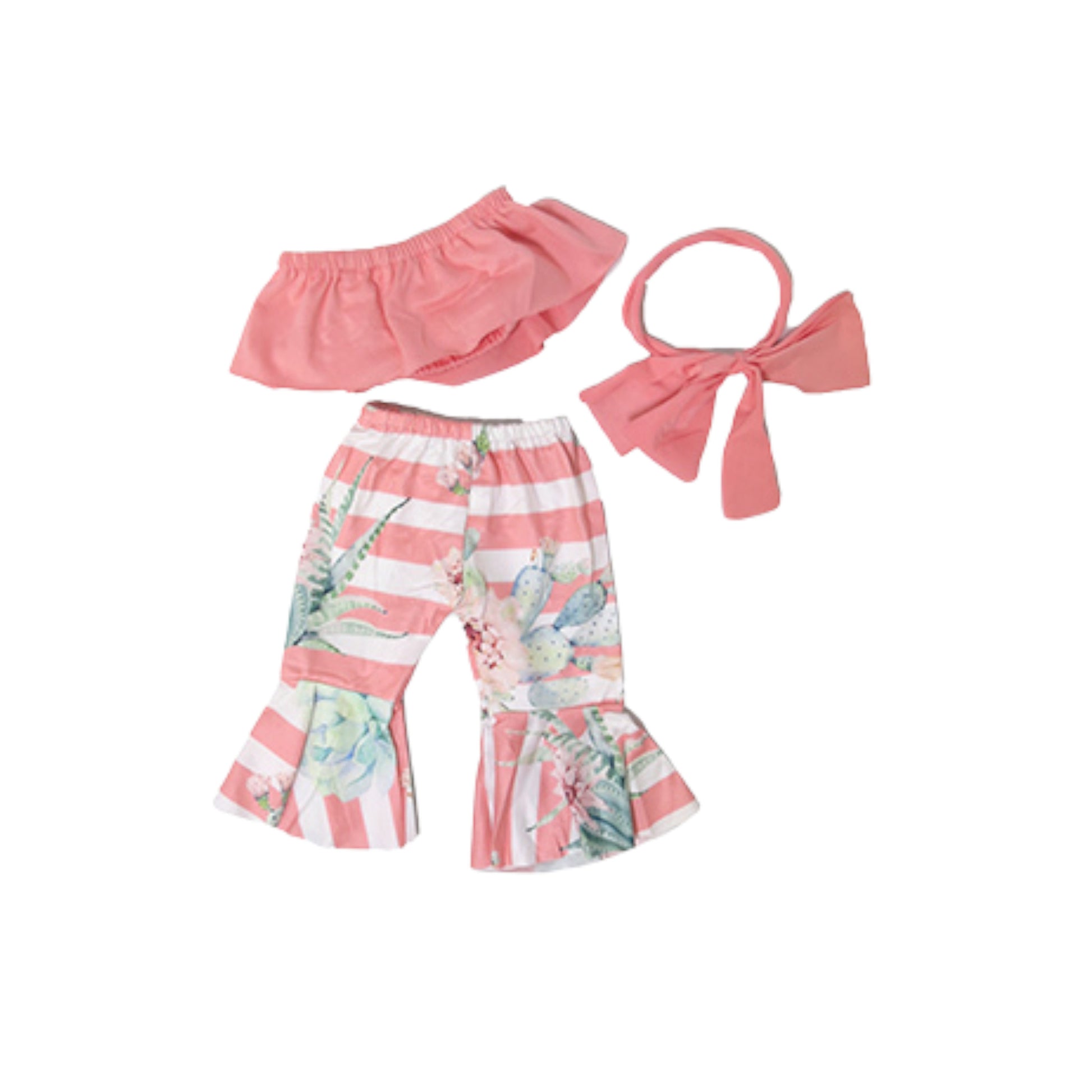 Set of doll's clothing including pants, bloomers, and headband on a white background