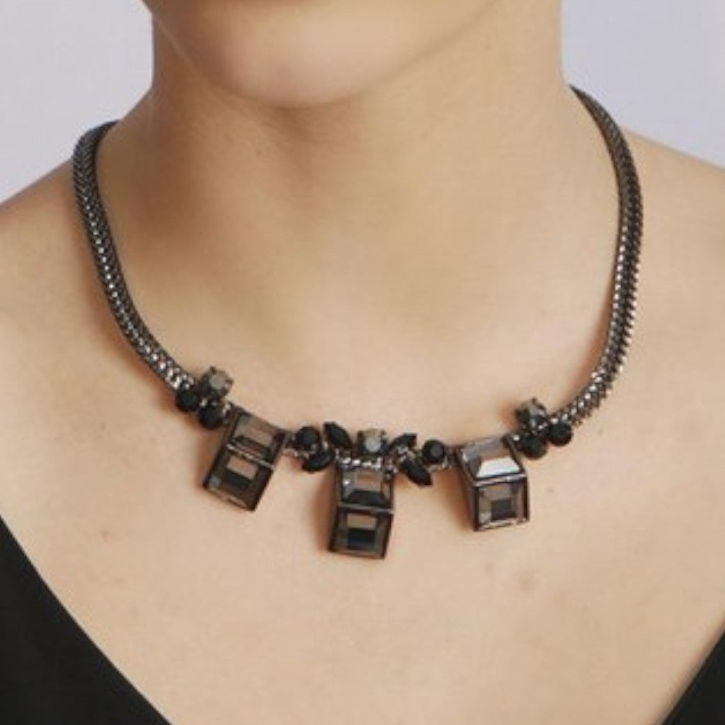 Sweet Geo Slate Gray Necklace on Woman with black top