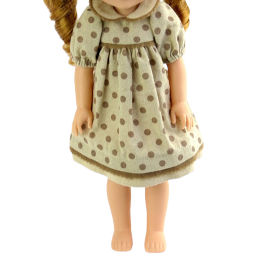 Tan Polka Dot Dress for 14 1/2-inch dolls with doll Front view