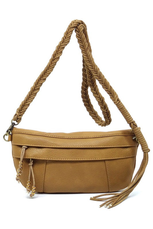 Tan Braided Tassel Strap Crossbody Bag Front view Strap Up