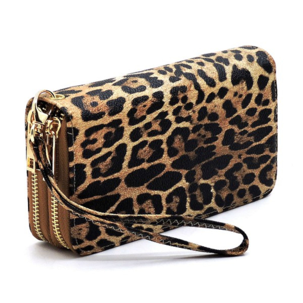 Tan Leopard Double Zip Around Wallet Wristlet Side view
