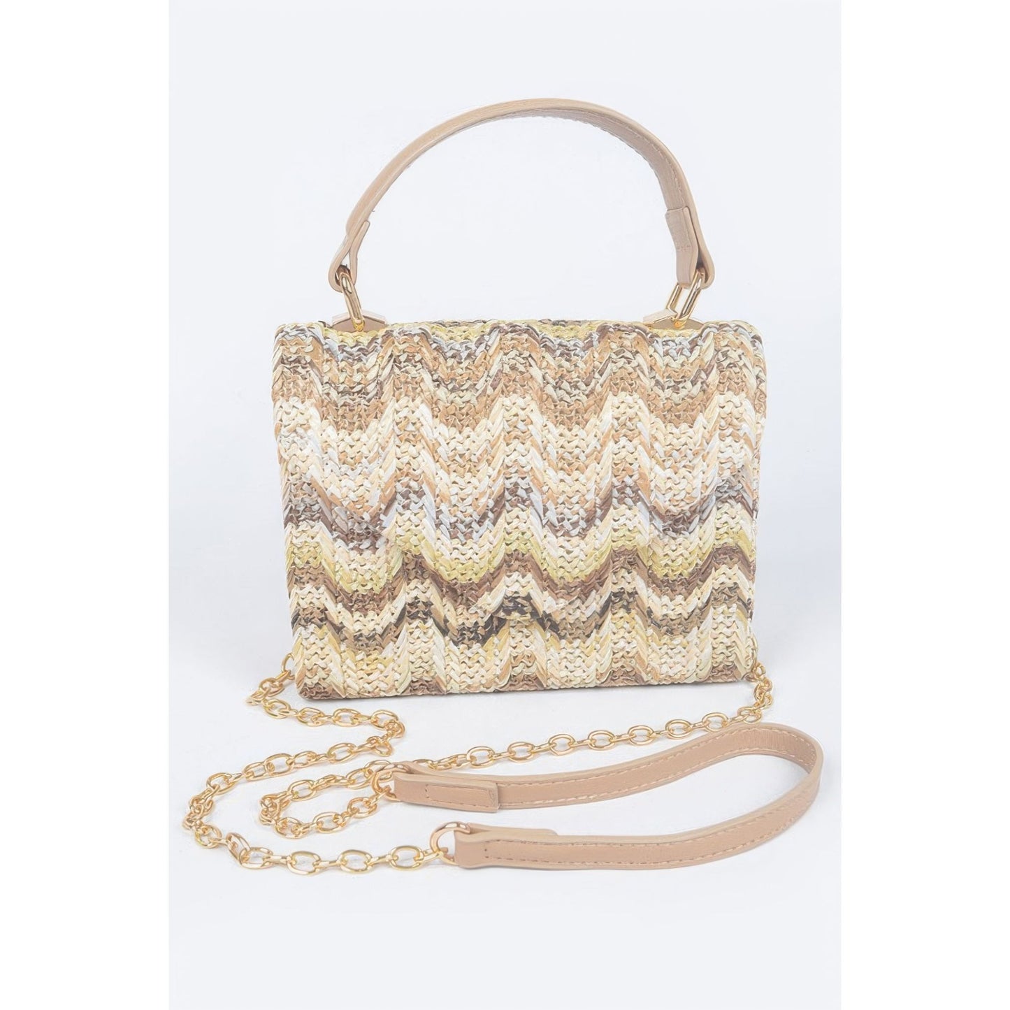 Faux Straw Top Handle Flap Bag