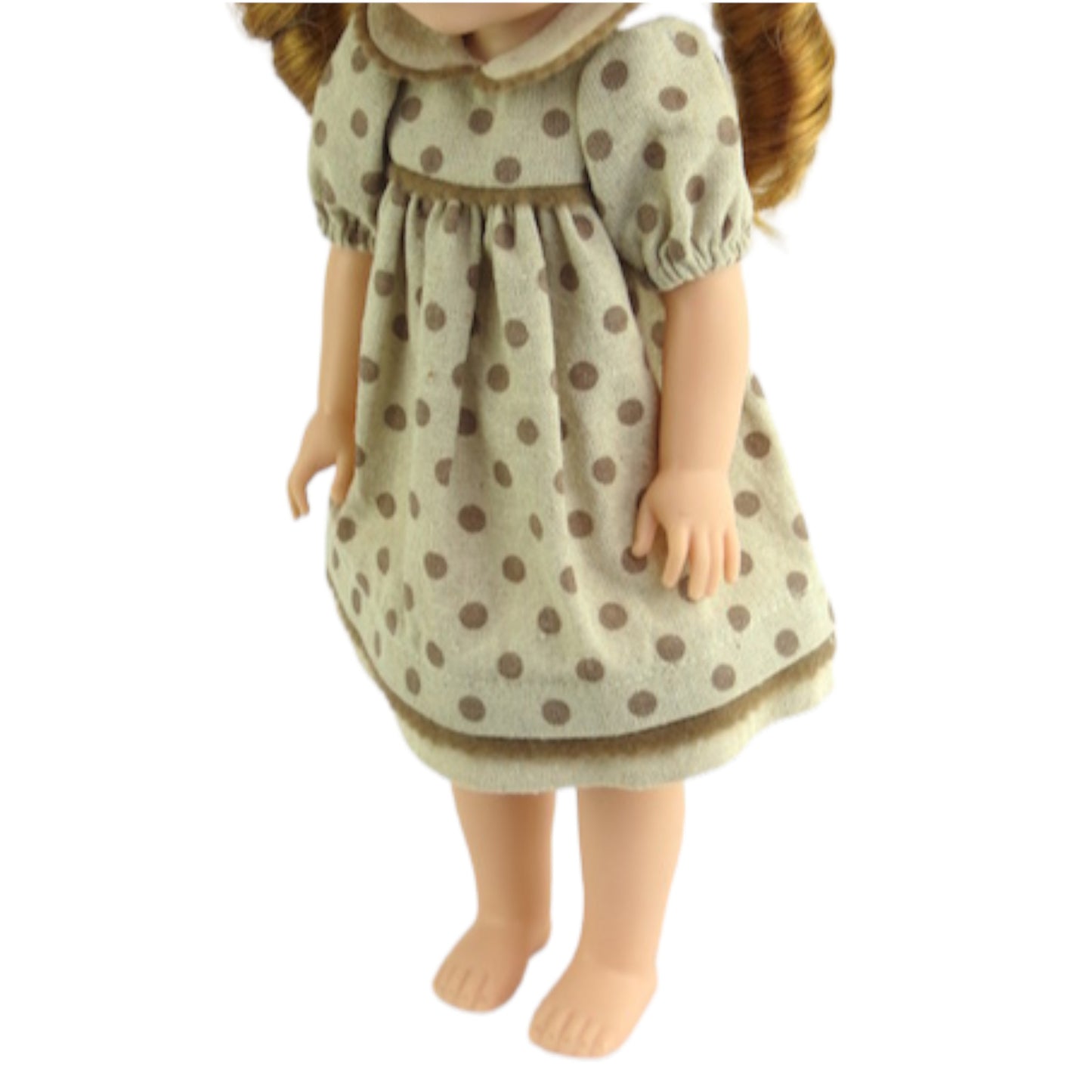 Tan Polka Dot Dress for 14 1/2-inch dolls with doll Side view