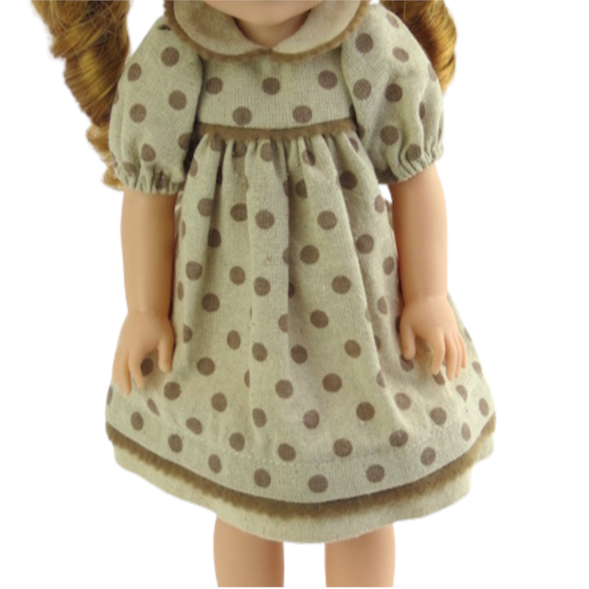 Tan Polka Dot Dress for 14 1/2-inch dolls with doll Up Close