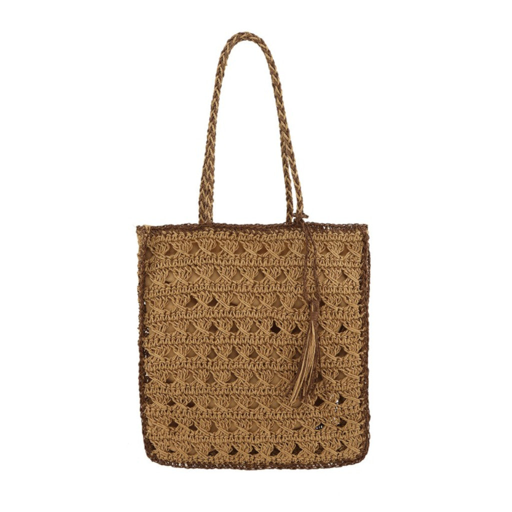 Tan Square Shape Straw Tote  Shoulder Bag Front view