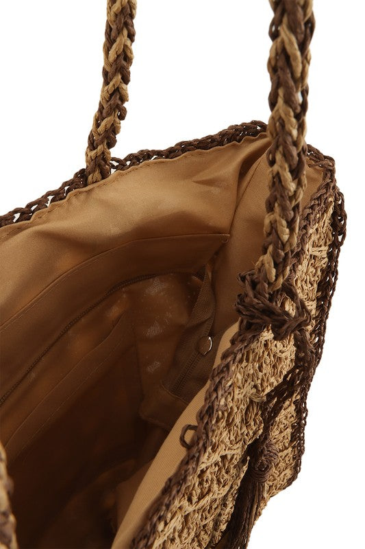 Tan Square Shape Straw Tote  Shoulder Bag Interior view