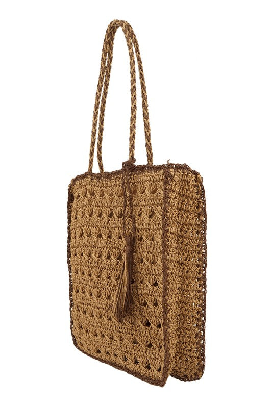 Tan Square Shape Straw Tote  Shoulder Bag Side view