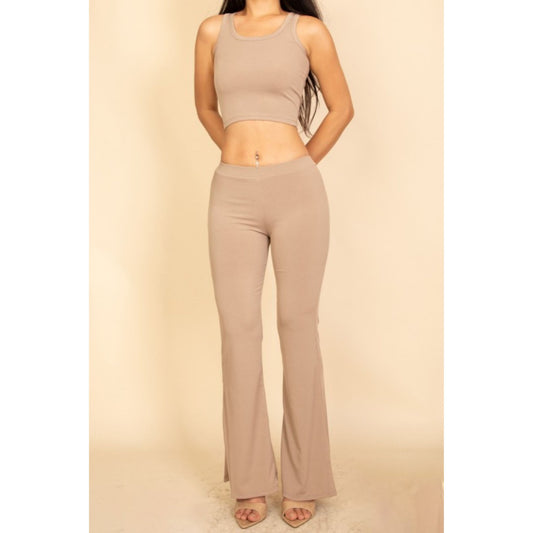 Ribbed Sleeveless Crop Top & Flared Pants Set