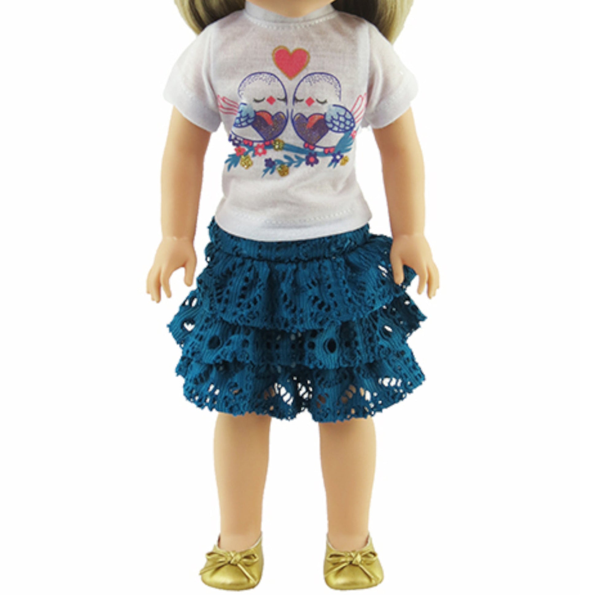 Teal Love Birds Skirt Set for 14 1/2-inch dolls with doll Front