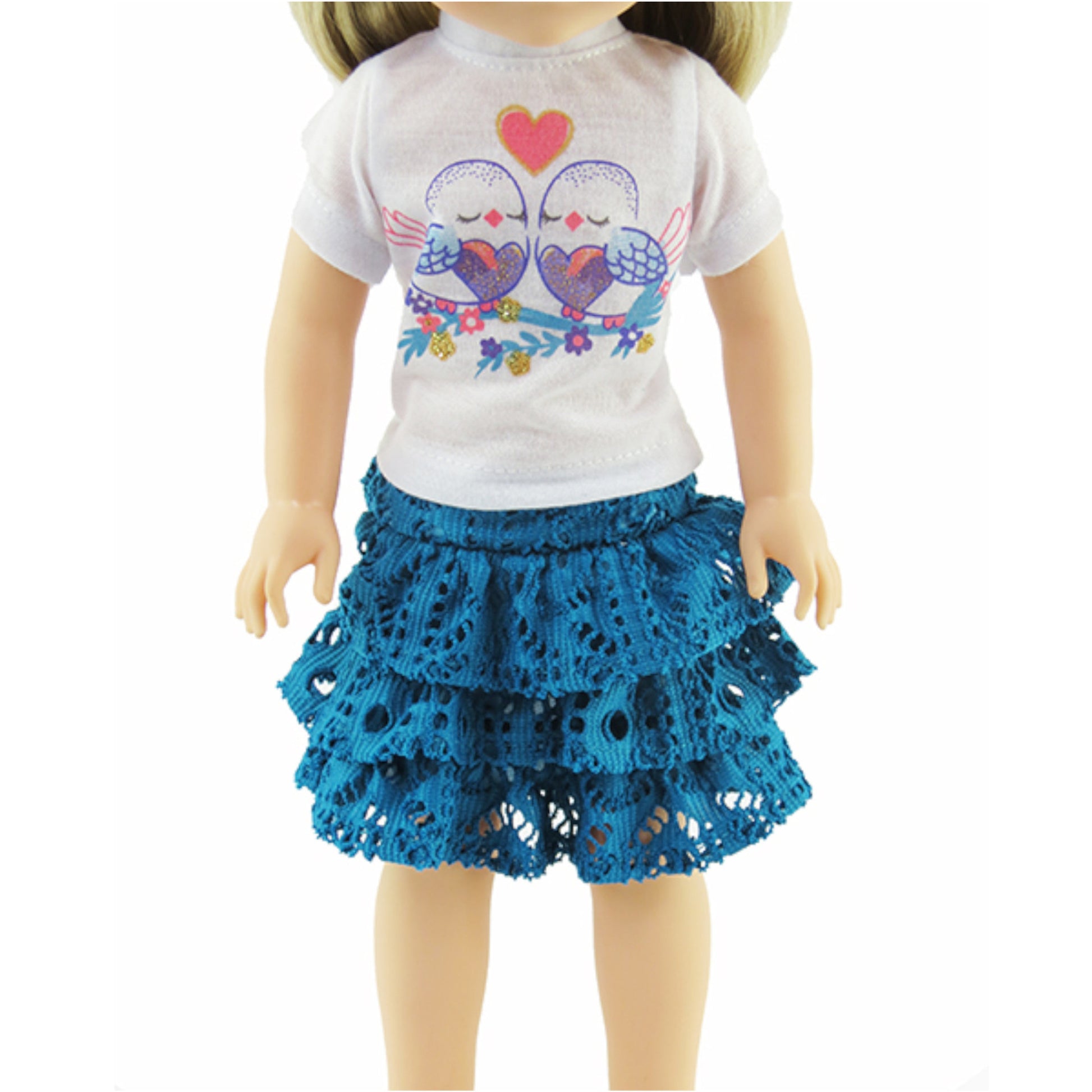Teal Love Birds Skirt Set for 14 1/2-inch dolls with doll Up Close