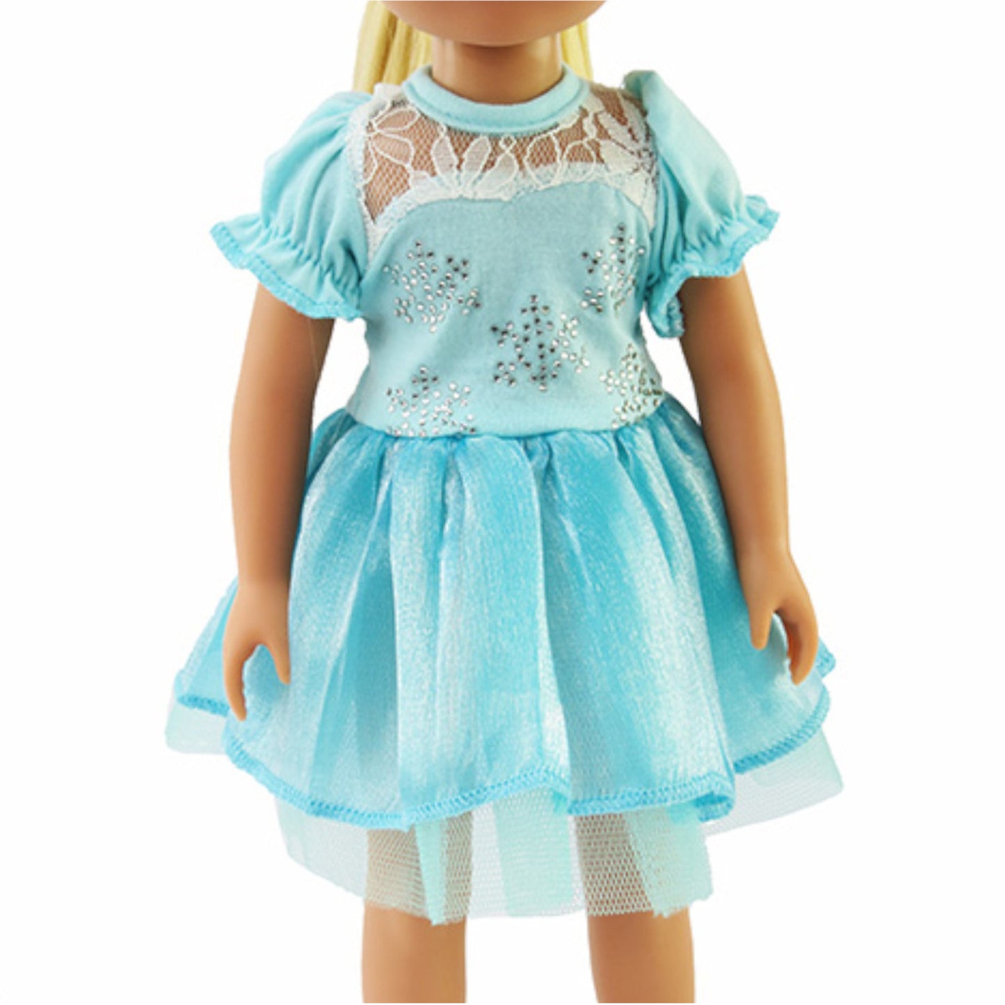 Teal Sparkle Snowflake Dress for 14 1/2-inch dolls with doll Up Close