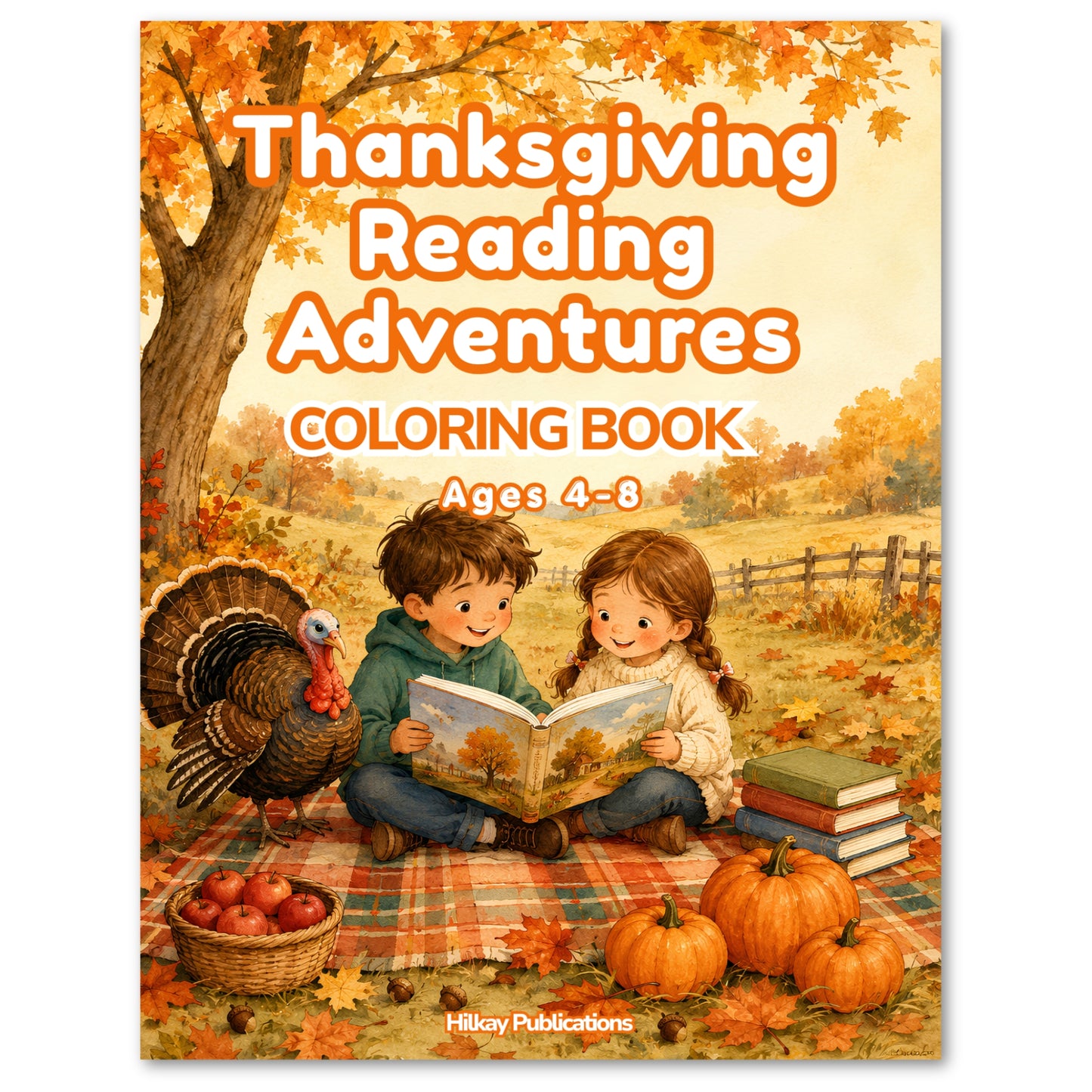 Front cover of a children's coloring book titled "Thanksgiving Reading Adventures" with the subtitle "Coloring Book" and "Ages 4-8." The cover shows an autumn outdoor scene with two children sitting on a plaid blanket and reading, a turkey beside them, pumpkins, apples, leaves, and a tree.