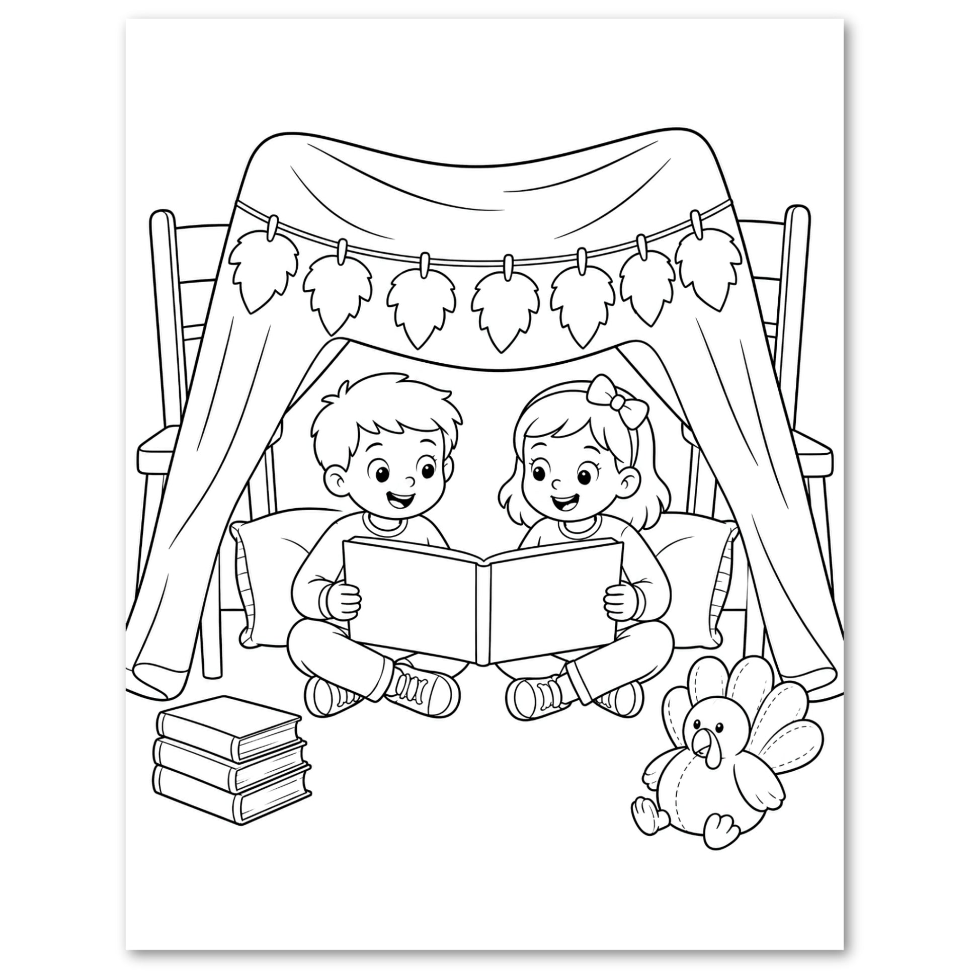 Black and white coloring page illustration of a boy and a girl reading under a canopy made from chairs and draped fabric, with a string of leaf ornaments, a stack of books, pillows, and a stuffed turkey on a white background.