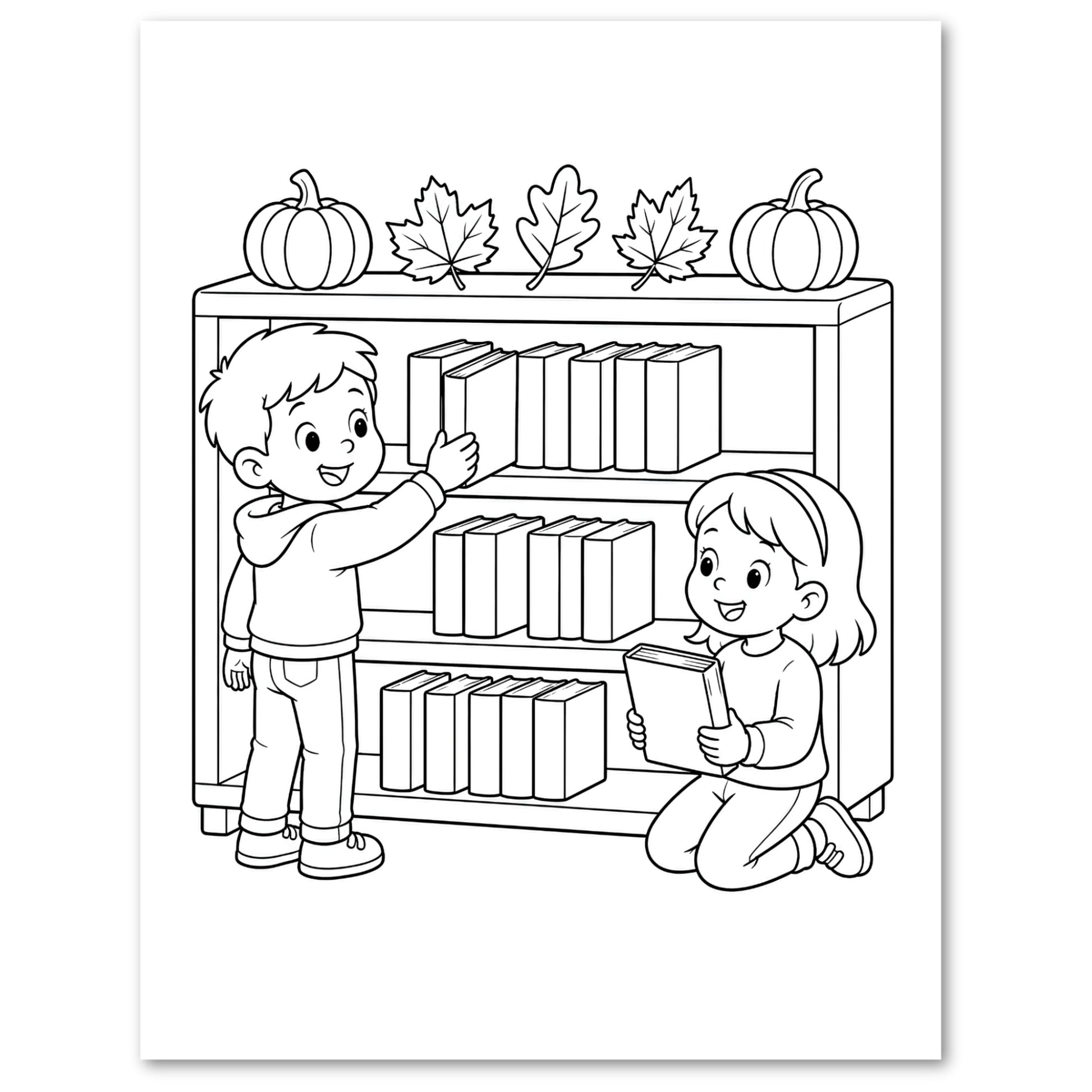 Black and white line art illustration of a boy and a girl reading books on a bookshelf, with pumpkins and autumn leaves on top, shown on a white background.