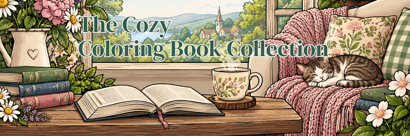 Illustrated promotional banner for 'The Cozy Coloring Book Collection' showing a cozy indoor scene with an open book on a table, stacked books, a teacup, flowers, pillows, and a sleeping cat by a window.