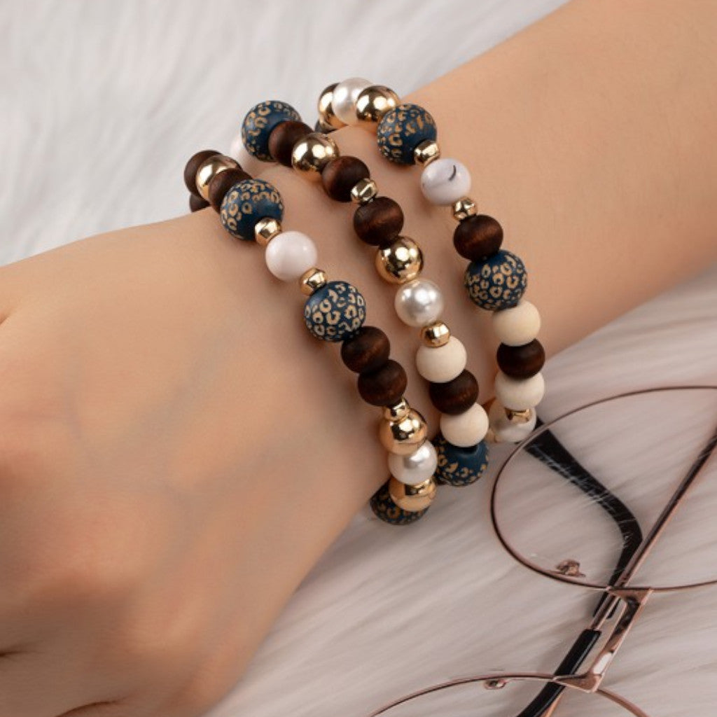 Three Wood Bead Bracelet Set on wrist