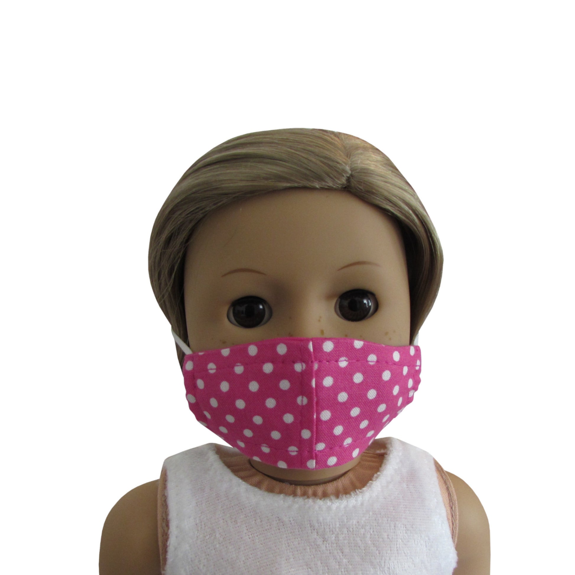 Tiny White Dots on Pink Print Doll Face Mask for 18 inch dolls with doll Front view