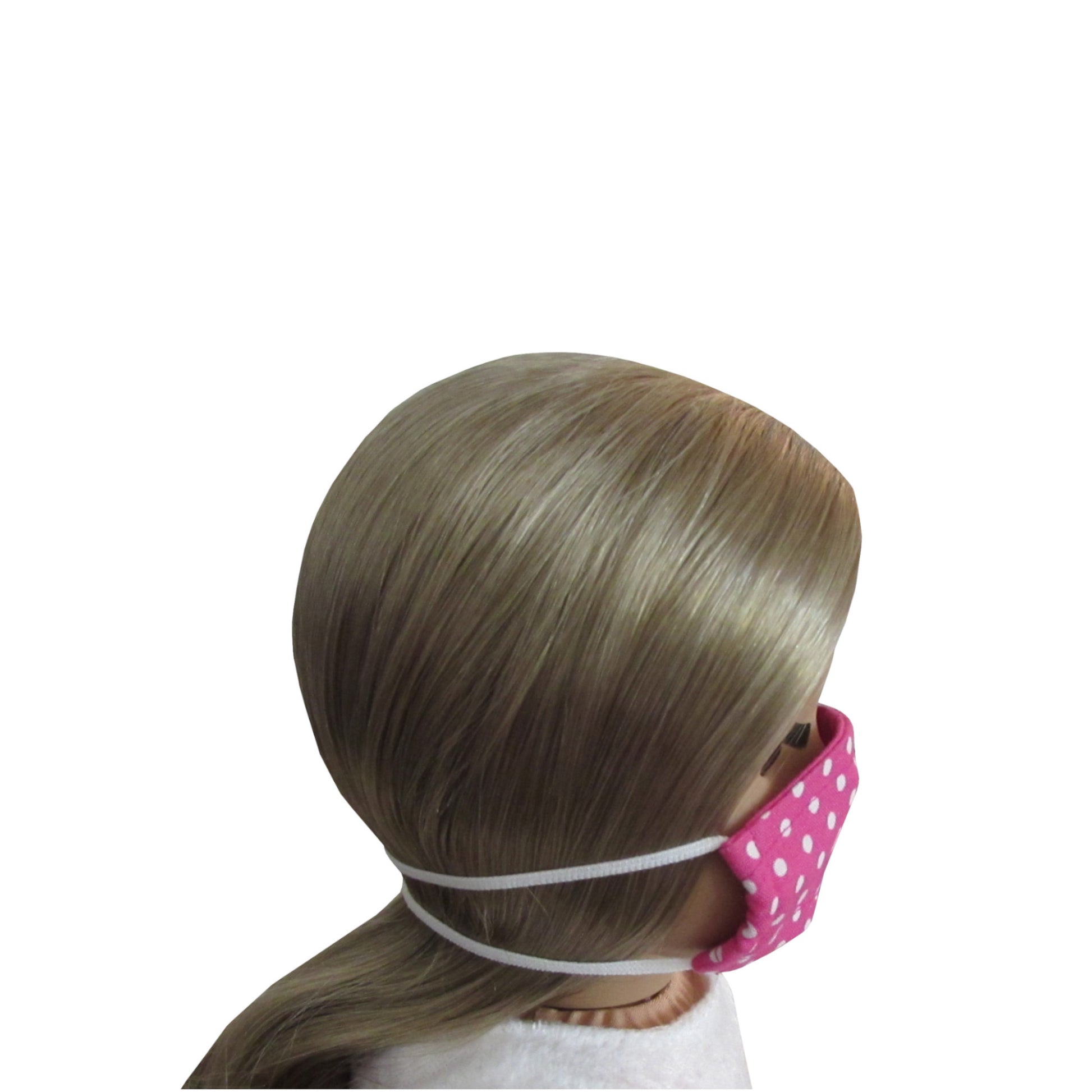Tiny White Dots on Pink Print Doll Face Mask for 18 inch dolls with doll Side view