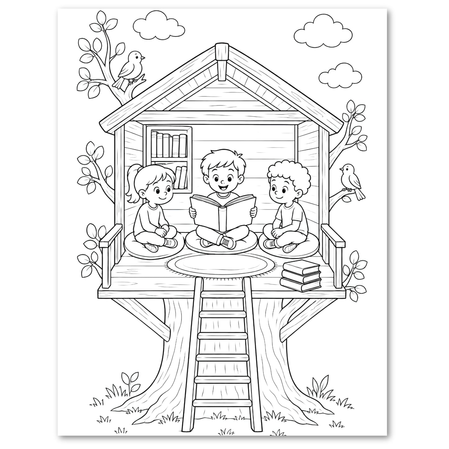 A black-and-white illustration of a boy reading a book to a girl and a boy while sitting in a treehouse.