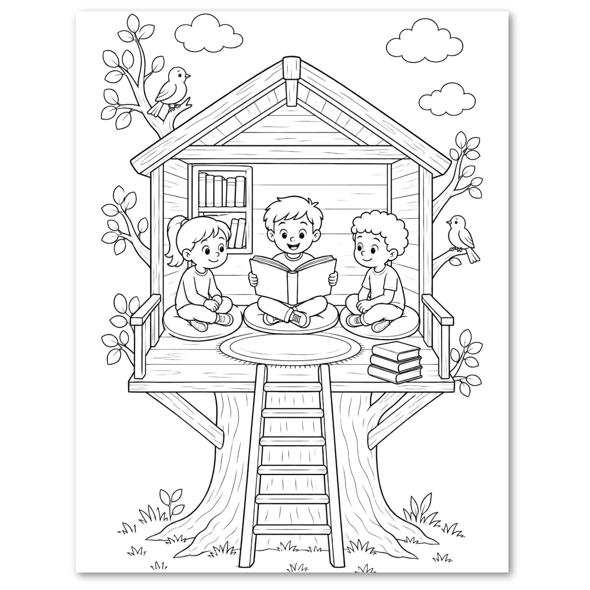 A black-and-white illustration of a boy reading a book to a girl and a boy while sitting in a treehouse.
